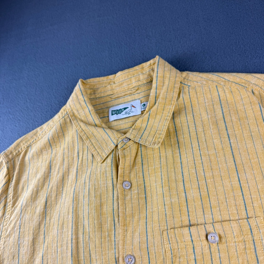 Wellen Shirt Men's L Yellow Huckberry Striped Organic Cotton Hemp Blend Summer